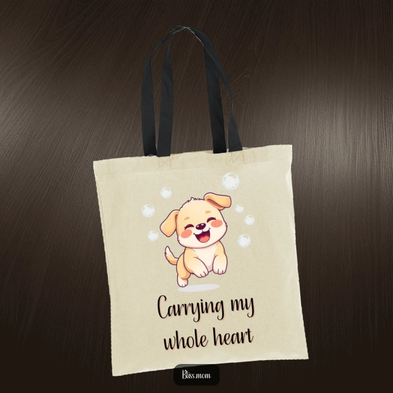 Funny tote bag featuring a kawaii puppy joyfully chasing bubbles, ideal for everyday use.