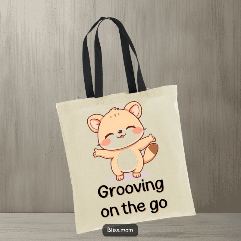 Funny tote bag with an animal character doing a happy dance, eyes closed in sheer delight, perfect for carrying items with fun.
